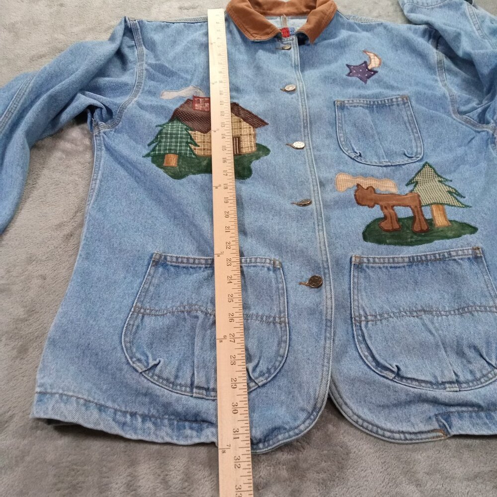 Vintage Sun Belt Denim Chore Coat Women XL Barn Jacket Embroidered Trees Cabin - Picture 11 of 15